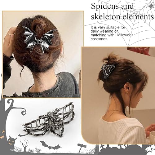 4PCS Gothic Spider Hair Clips Black Web Bat Skeleton Hand Skull Claw Clips for Women,Large Medium Size for Thick Thin Hair,Hiphop Metal Hair Accessories for Halloween Decor Party Gift thumbnail 3