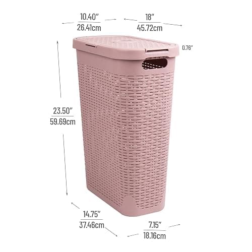 Mind Reader 40L Slim Laundry Hamper, Clothes Basket, Lid, Wicker Design, Plastic, 18"L x 10.4"W x 23.5"H, Pink - Pink - Single thumbnail 3