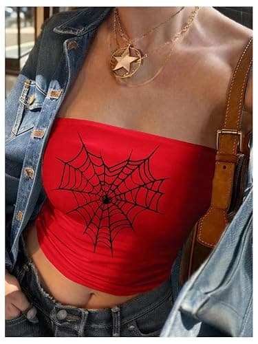 WDIRARA Women's Spiderweb Tube Top Y2k Strapless Graphic Crop Bandeau Tops thumbnail 2