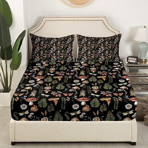 Mushroom Bed Sheet Natural Butterfly Wild Plant Leaves Decor Sheets for Kids Teens Adults Outdoor Jungle Rustic Farmhouse Style Bedding Set with Flat,Fitted Sheet,2 Pillowcases Queen Size 4 Pcs thumbnail 3