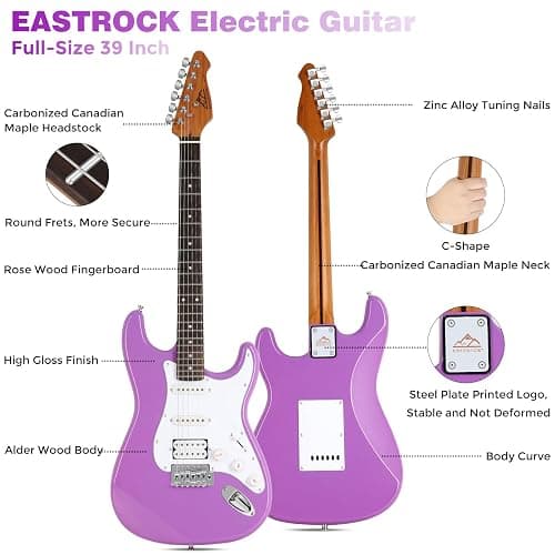 EASTROCK Electric Guitar 39" Full Size Solid Body Electric Guitar Kit for Beginner Girls & Adults with 10w Amp, Bag, Capo, Shoulder Strap, String, Cable, Picks, (Right-Handed, Purple) thumbnail 3