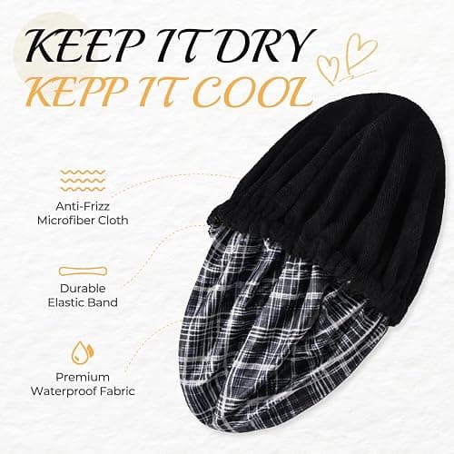 Shower Cap for Women Terry Lined Bath Cap Large Reusable Waterproof Elastic Black Plaid Shower Caps for Long Thick Hair Soft Bath Shower Hair Caps thumbnail 2