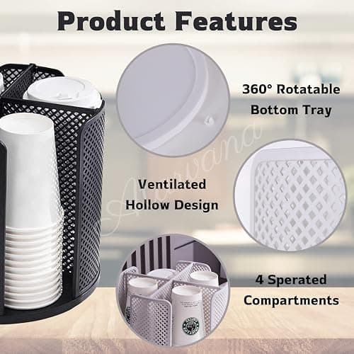 Rotatable Coffee Cup Dispenser with 4 Compartments, Atavarna Cups and Lids Holder for 5-16oz Cups Organizer for Restaurant, Coffee Station, Bar, Office, Home-9.25" x 9.25" x 8.66" - Black thumbnail 5