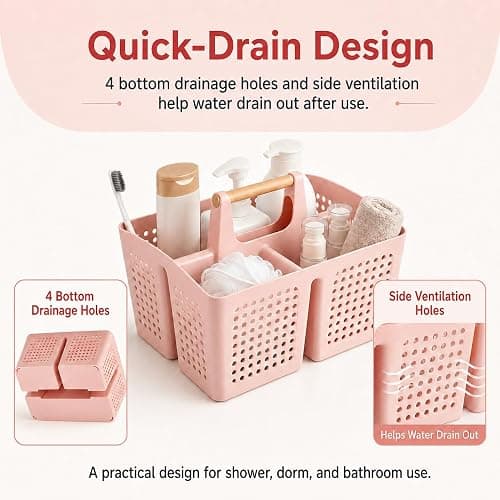 PAKCHOICE Portable Shower Caddy Basket with Wood Handle, 3-Compartment Bathroom Organizer Tote with Drain Holes, Plastic Shower Basket for Dorm, Toiletries, Cleaning Supplies, Pink thumbnail 5