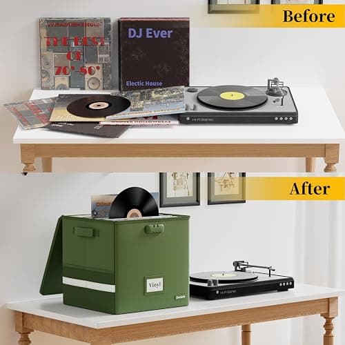 DocSafe Vinyl Record Storage Box with Lock, Fireproof＆Water Resistant Record Organizer for 100+ Single Records(12-inch), Collapsible Storage Crate with Lid&Handles for Valuable Album Collection,Green thumbnail 7