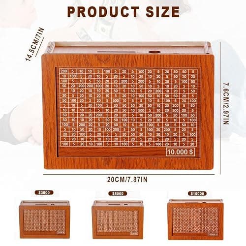 2025 New Cash Vault Wooden Savings Box, 10000 Savings Challenge Box, Wooden Cash Saver Money Box, Wooden Money Saving Challenge Box Cash Saving Box with Money Target and Numbers ($10000) thumbnail 3