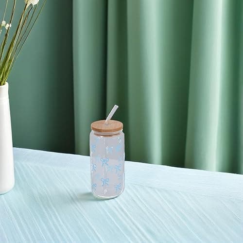 VALICLUD Cute Glass Tumbler with Straw and Lid, Large Capacity High-temperature Resistant Juice and Coffee Cup, Blue Bowknot Design with Wooden Lid for Iced Drinks and Water thumbnail 6