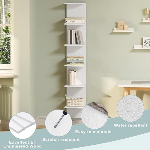 WOLTU Regal, Standregal mit 7 Ebenen, Wandregal weiß, Bücherregal Küchenregal schmal, freistehend wandmontiert, für Küche Wohnzimmer Schlafzimmer, aus Holzwerkstoff, RGB46ws thumbnail 6