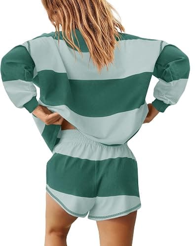 Yanekop Womens Oversized Striped Set Matching Workout Sets Lounge Sets 2 Piece Outfits Half Zip Pullover and Shorts Set thumbnail 4