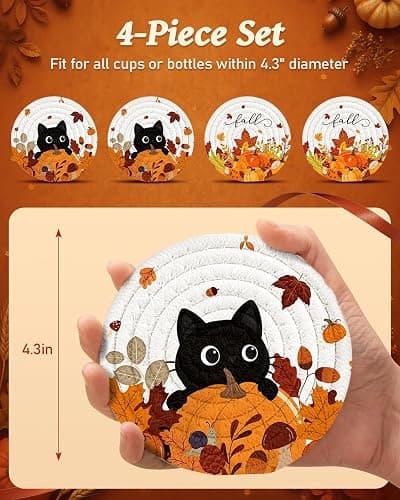 Kokaaee 4pc Braided Cotton Coasters Set, Fall Cat & Pumpkin Decor | 4.3",Absorbent,Heat-Resistant,with Holder,Woven Cloth Fabric,for Drinks Coffee Home Office Party Desk Table thumbnail 3