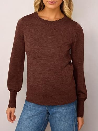Cicy Bell Womens Crew Neck Long Sleeve Sweater Trendy Casual Scallop Trim Fall Knit Lightweight Pullover Tops thumbnail 2