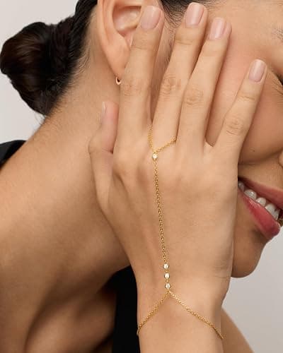 PAVOI 14K Gold Plated Hand Chains for Women - Adjustable Hand Chain Bracelet and Ring - Trendy Gold Handchain Bracelet Stack Summer Jewelry - Beads, Pearl, and Cubic Zirconia Body Jewelry thumbnail 3