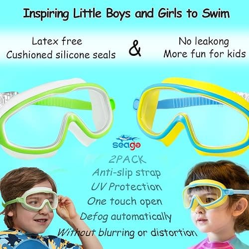 Seago Swim Goggles 2 Pack Anti-Fog Anti-UV Wide View Swimming Goggles for Kids 3-14 thumbnail 6