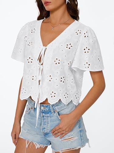 Trendy Queen Womens Summer Tops Cotton Tie Front Blouses | Bohemian Style, Crop Cute Teacher Outfits, Flowy Top, Beach Vacation Outfits 2026, Eyelet Embroidered Clothes for Campus Life thumbnail 3
