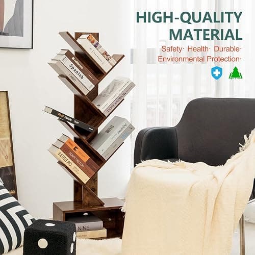 Yoobure Tree Bookshelf - 6 Shelf Retro Floor Standing Bookcase, Tall Wood Book Storage Rack for CDs/Movies/Books, Utility Book Organizer Shelves for Bedroom, Living Room, Home Office, Rustic Brown thumbnail 8