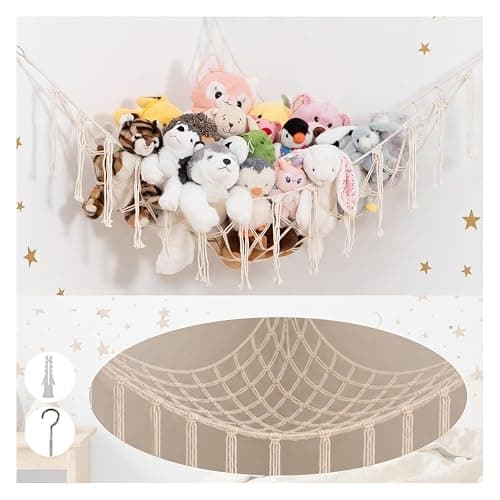 Large Macrame Stuffed Animal Storage Hammock | Holds 12 lbs | Corner Stuffed Animal Organizer | Plushie Net for Stuffed Animals | Stuffy Storage, Cute Bedroom, Room Decor | White - Image 1