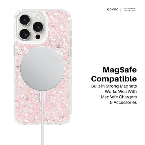 QOVOC for iPhone 15 Pro Max Case, Clear Glitter MagSafe Compatible, Bling Sparkly Girly Case for iPhone 15 Pro Max, Magnetic Protective Phone Cover, Pink Glitter, Andromeda thumbnail 4