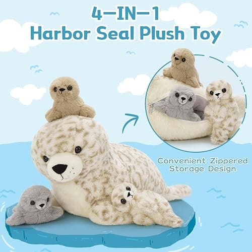 BENINY 4 Pcs Seal Stuffed Animal Set, 20" Mother Plush Toy with 3 Babies in Mom's Belly, Cute Leopard Stuffed Seal Plushie for Girls Boys Kids, Kawaii Chirstmas Bithday thumbnail 4