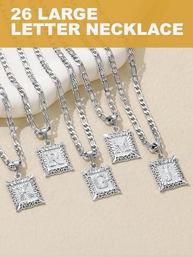 U7 Initial Letter Necklace for Men Women, 14K Gold/Silver Plated Square Capital Monogram Pendant Necklace from A-Z with 22+2 Inch Figaro Chain, Personalized Jewelry for Him thumbnail 6