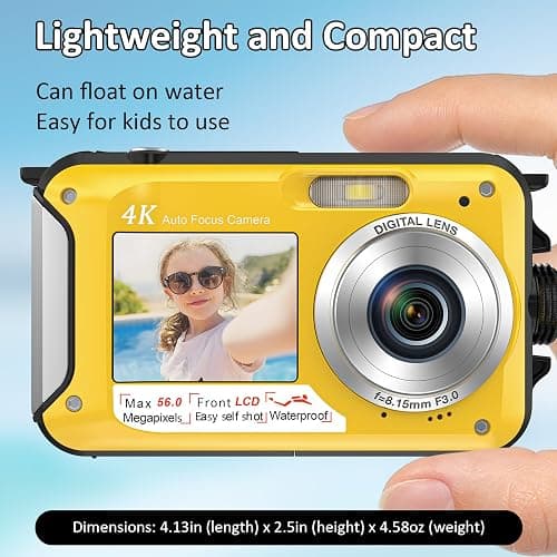 4K Digital Camera 16FT Underwater Camera with 32GB Card 64MP Autofocus Dual-Screen Selfie Waterproof Camera for Snorkeling Compact Floatable Point and Shoot Digital Camera 1250mAh Battery thumbnail 6