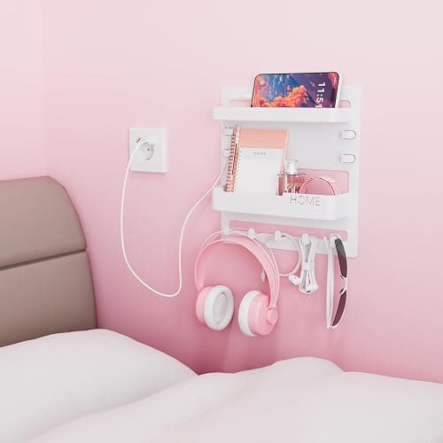 Yieach Bedside Wall Organizer for Dorm Bed,Rv,Small Room and Nightstand,Wall Mounted Floating Shelves and Bedside Shelf for Remote,Phone Holder,Charging Shelf,Cute Bedroom Decor for College Girl,White thumbnail 8