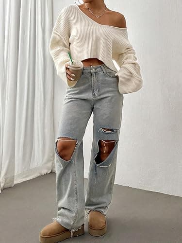 Floerns Women's Long Sleeve Pullover V Neck Drop Shoulder Rib Knit Sweaters Top - Small - Apricot thumbnail 6