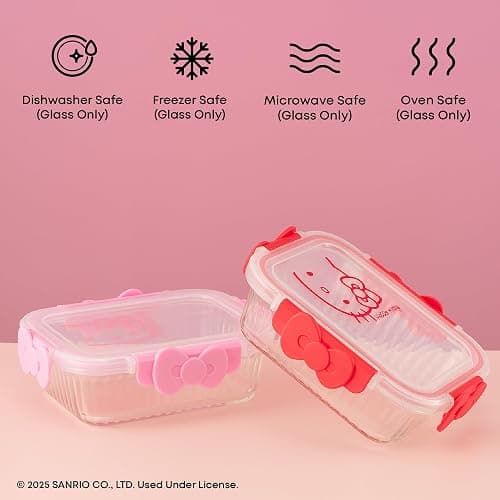 JoyJolt Sanrio Hello Kitty Fluted Glass Food Storage Containers with Lids, 2x Airtight Glass Storage Containers with Lids for Kitchen, Reusable Lunch Meal Prep Container, Cute Hello Kitty Gifts thumbnail 6