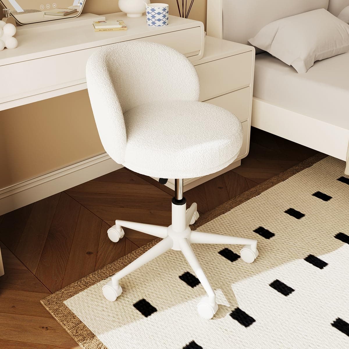 Armless Vanity Chair with Back,360°Swivel Makeup Chairs Small Office Chair with Wheels,Height Adjustable Computer Task Chair for Bedroom,Living Room,White thumbnail 7