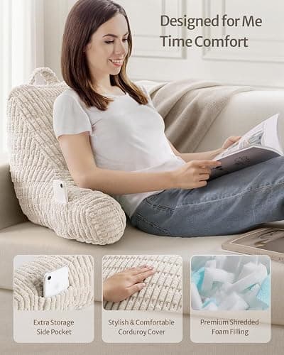 Blissful Diary Reading Pillow, Backrest Pillow with Shredded Memory Foam for Adult & Children, Designed for Bed and Couch Sitting Up, Includes Arms, Pockets and Washable Cover, Off White thumbnail 3