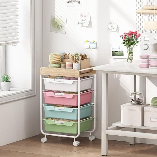 SYKIARIOL Rolling Storage Utility Cart with 4 Drawers,Kids Craft Art Cart,Makeup Organizer and Storage with Wooden Tabletop,Colorful thumbnail 2