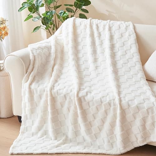 NEWCOSPLAY Super Soft Queen Blanket Ivory Premium Silky Flannel Fleece 3D Checkered Lightweight Bed Blanket All Season Use (Ivory Checkered, Queen(90"x90")) - Ivory Checkered - Queen(90"x90") thumbnail 9