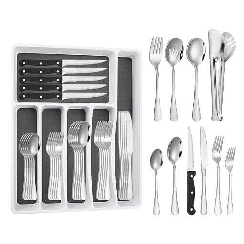 53PCS Silverware Set for 8 with Flatware Drawer Organizer, Stainless Steel Cutlery Set with Steak Knives, Include Spoons and Forks Set & Serving Utensils, Mirror Polished, Silver - 53-Piece - Silver - Image 1