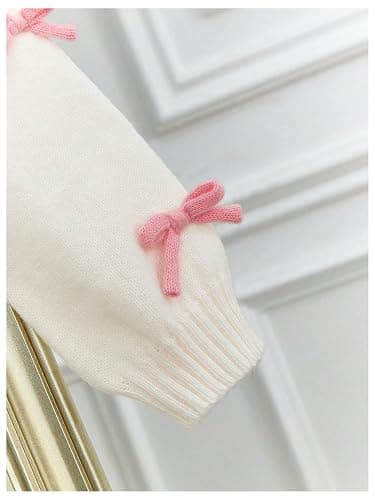 SHENHE Girl's Bow Button Down Knitted Cardigan V Neck Loose Cute Crop Sweater Outwear thumbnail 6