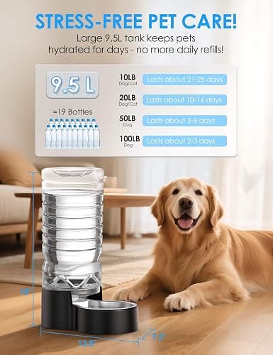 Heouvo 2.5 Gallon Automatic Dog Water Dispenser【Wide Mouth for Easy Hand-in Cleaning】【Removable Stainless Steel Bowl】, Gravity Refilling Large Capacity for Cats and Dogs, Multi-Pet Homes thumbnail 2