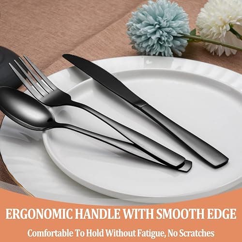20 Pcs Black Silverware Set, Food-Grade Stainless Steel Flatware Set for 4, Square Cutlery Set, Mirror Polished Tableware Eating Utensils Set for Kitchen, Include Knife Fork Spoon Set,Dishwasher Safe - Black - Square Handle 20 Pieces thumbnail 5