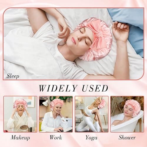 Double-Layer Satin Silk Sleep Bonnet for Women with Adjustable Tie Band - Hair Protection for Curly Natural Wavy Hair - Includes 1 Free Silk Hair Scrunchies, Pink Birthday Mothers Day Gifts thumbnail 6