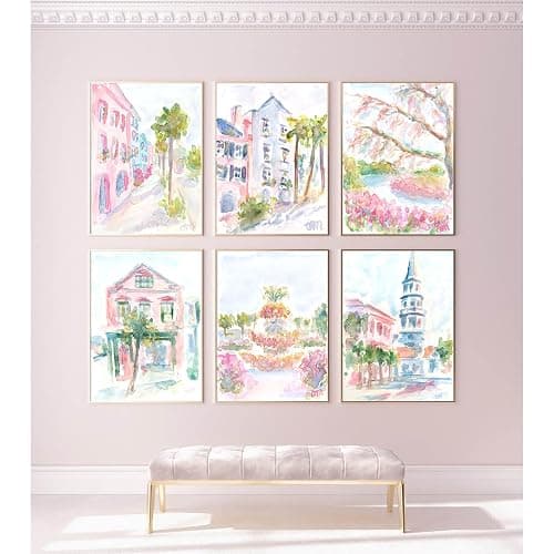Charleston South Carolina Wall Art Preppy Posters Pictures Pastel Pink Canvas Wall Decor Aesthetic Coquette Posters Wall Art Trendy Watercolor Wall Decor Church Street Pictures 8x10x6 Inch Unframed thumbnail 3