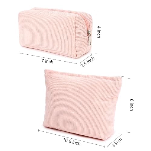SOIDRAM 2 Pieces Makeup Bag Large Corduroy Cosmetic Bag Capacity Canvas Mix Travel Toiletry Bag Organizer Cute Makeup Brushes Aesthetic Accessories Storage Bag for Women, Corduroy Mix Pink thumbnail 3