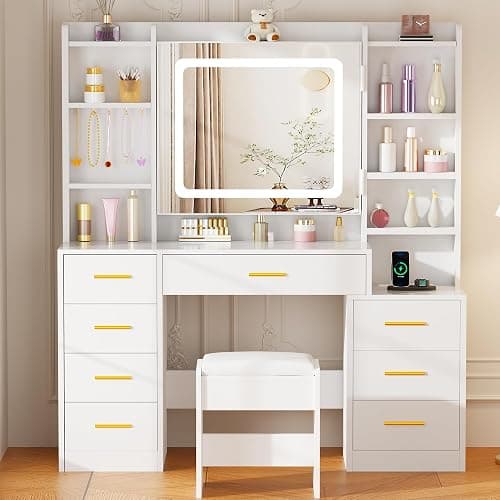 BEWISHOME Large Vanity Desk with Mirror and Lights,White Makeup Vanity Table with Power Outlet,Makeup Desk with 8 Drawers,7 Open Shelves,12 Hooks,Nightstand and Stool,Dressing Table for Bedroom FST53W thumbnail 6