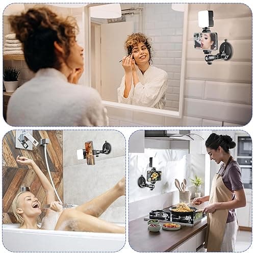 LenTok Suction Cup Mirror Phone Holder with Light, Travel Wall Phone Camera Mount for Makeup Content Creator Essentials, Mirror Tripod for Bathroom Kitchen Compatile with All Smooth Surface - Black thumbnail 7