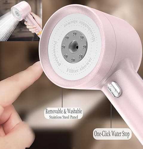 High Pressure Shower Head with Handheld, with Pause Switch 4 Spray Modes Water Saving Showerhead,Showerhead Set with Hose, Bracket and Cotton Filter, (pink) thumbnail 8