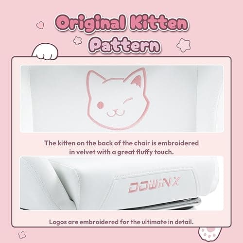Dowinx Gaming Chair Cute with Cat Ears and Massage Lumbar Support, Ergonomic Computer Chair for Girl with Footrest and Headrest, Comfortable Reclining Game Chair 290lbs for Adult, Teen, White thumbnail 5