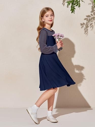 Haloumoning Girls Contrast Mesh Long Sleeve High Waist A Line Short Dress with Pockets 4-14 Years thumbnail 4