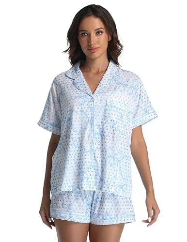 ANGELBEE 2 Piece Preppy Pajamas Button Down Y2k Print Monkey Pajamas for Women Cute Beach Shorts Set pjs Loungewear - Blue-b - Large thumbnail 2
