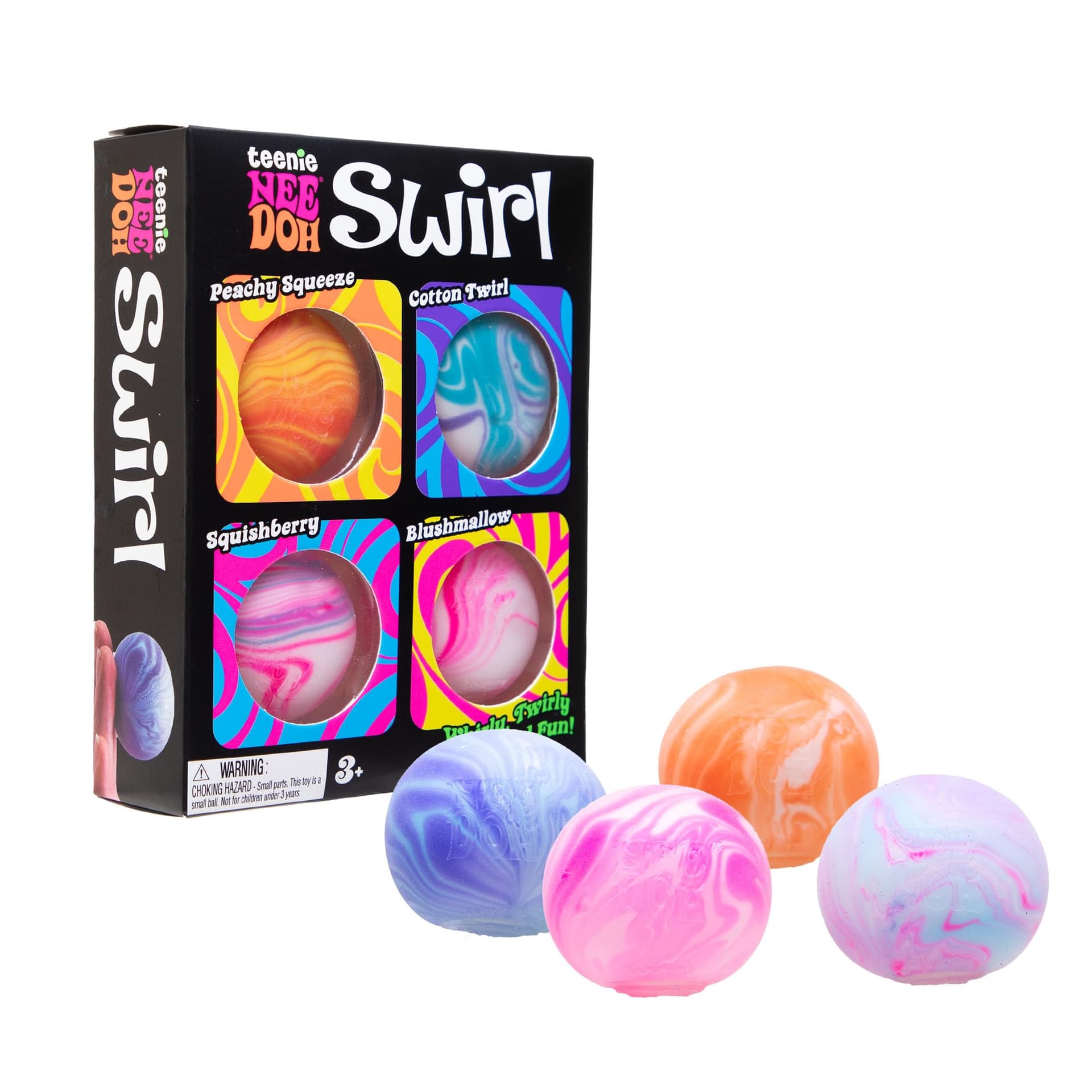 Nee Doh Swirl Teenie Multipack, 4 Assorted Colours/Styles Per Pack - Dough Till, Transparent with Marble Swirls Painted Inside - Image 1