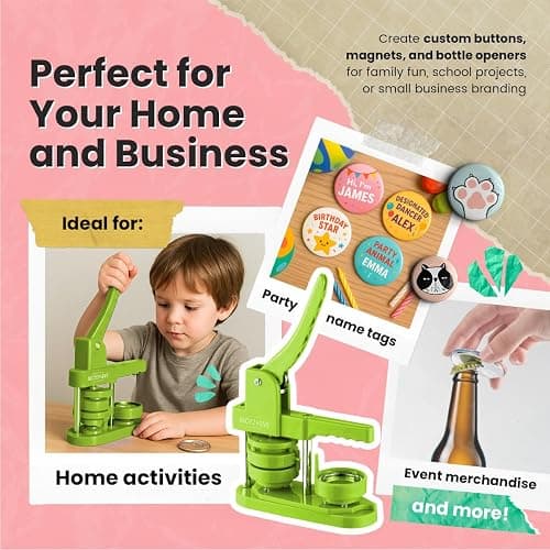Button Maker Machine – 2.25 Inch (58mm) – Single Mold, Pin Maker Machine Kit with 100 Buttons, 5 Fridge Magnets, 5 Bottle Openers, Cutters, and 500+ Button Designs for DIY Crafts, Green thumbnail 6