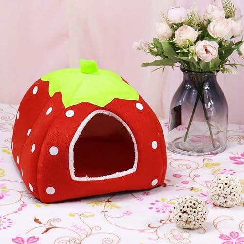 Guinea Pig Bed Rabbit Hideout Warm Fleece Cuddle Cup Washable Winter Sleeping House for Small Pet/Ferret/Chinchilla/Bunny (Strawberry Style) thumbnail 3