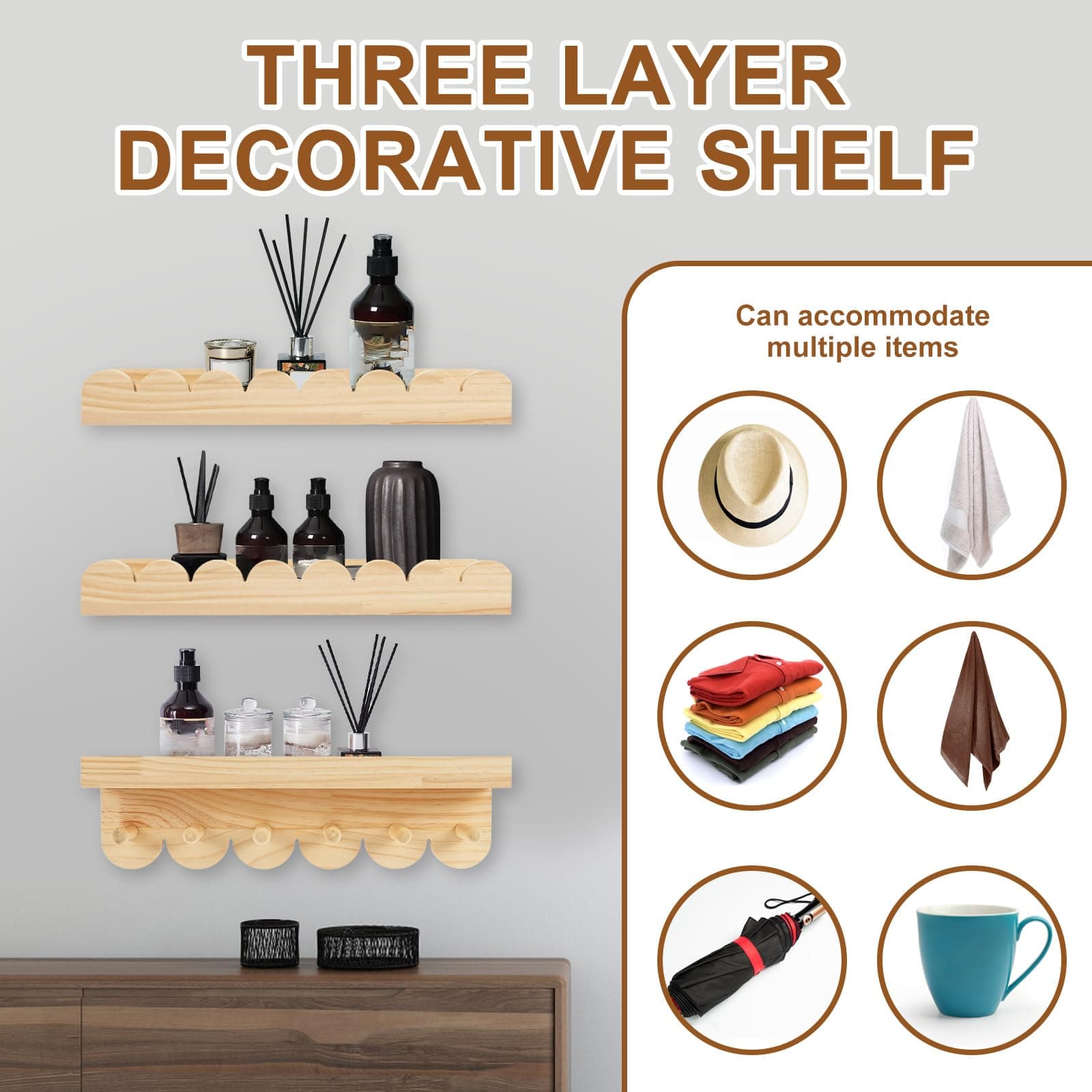 3Pcs Floating Wall Shelves, Scalloped Edge Wooden Shelves for Nursery & Toddler Room, Strong Load Bearing Storage Display Shelf for Living Room, Bedroom, Bathroom (Burlywood) thumbnail 5