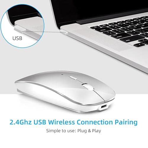 Wireless Mouse for Laptop, Bluetooth Mouse for MacBook Pro/Air/Mac/iPad/Chromebook/Computer -Rechargeale Dual Mode(USB 2.4Ghz + Bluetooth 5.2) Silent Cordless Mouse with USB C Adapter,Silver thumbnail 9
