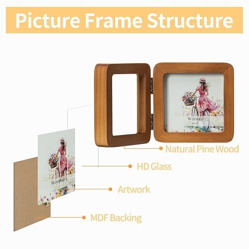 Wontree 4x4 Square Double Vertical Horizontal Hinged Foldable Combo Rounded Corner Picture Frame, Walnut-Colored Pine Wood with Real Glass, Free-Standing Desk Tabletop or Wall Hanging thumbnail 7